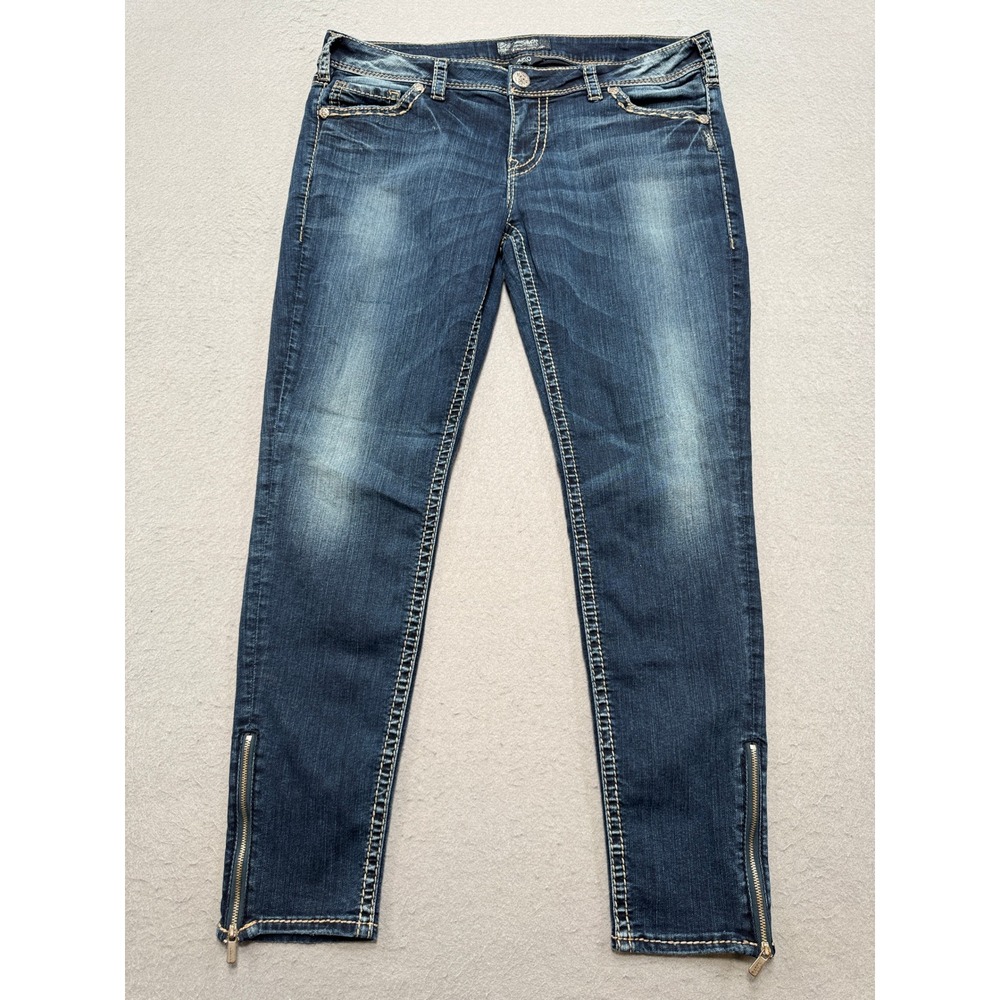Silver Jeans Womens 34 Blue Dark Wash Aiko Skinny Slim Fit Tapered Leg Ankle Zip